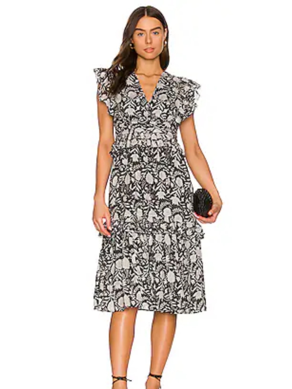 Cleobella Black Floral Midi Dress with Ruffle Sleeves